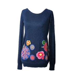 DESIGUAL "ANALIA" EMBROIDERED LIGHTWEIGHT SWEATER, size S, navy, sparkles